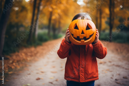 cute child holding a halloween pumpkin over their face. Halloween costume photo