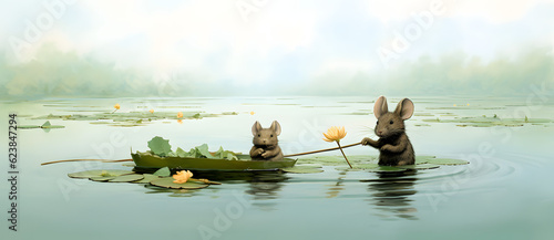 two mice are on a boat in the water with lily pads Generated by AI