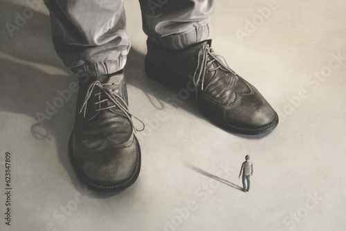 Illustration of little man facing giant, business inequality surreal concept photo