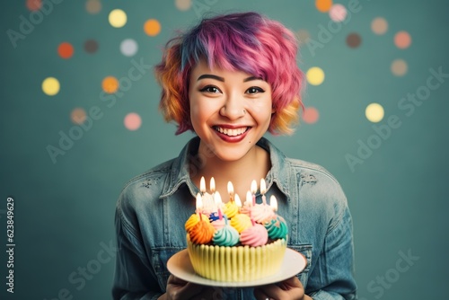 Bright girl with colorful cake celebrating birthday on blue background. Cheerful and happy face. Generative AI