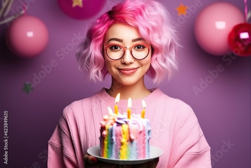 Happy smiling girl teenager holding festive cake with candles. Prepares for party or birthday celebration expresses good emotions. Birthday party for kids. Generative ai.
