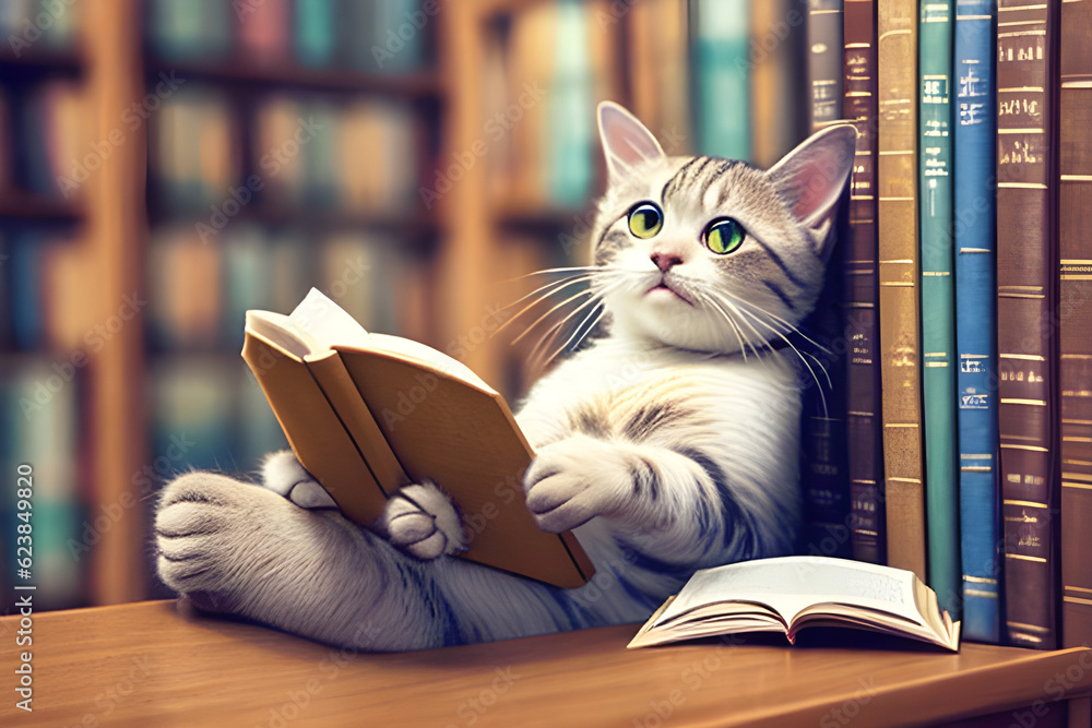 a cute cat reading a book in the library a cute cat reading a book in the library