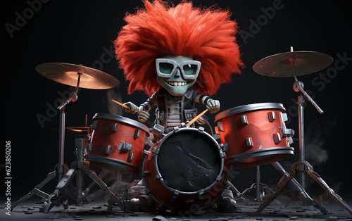 Rock drummer with a red wig is playing in front of a black background, in the style of detailed character expressions, steel, 3d