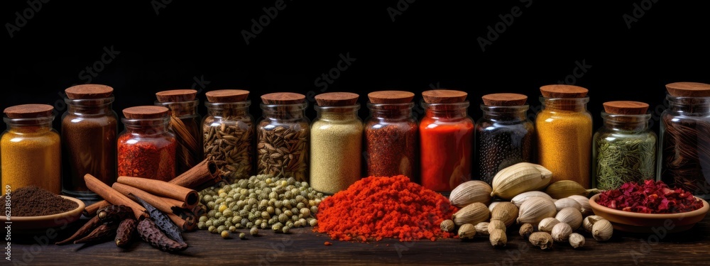 Array of exotic spices fills the air, evoking a tantalizing culinary background. Generative AI