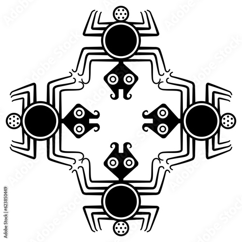 Geometrical ornament with four stylized spiders. Native American animal motif of Moche Indians of ancient Peru. Black and white silhouette.