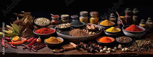 Array of exotic spices fills the air, evoking a tantalizing culinary background. Generative AI