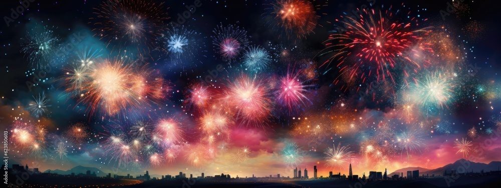 Bursting fireworks illuminate the night sky, forming a mesmerizing celebratory background. Generative AI Bursting fireworks illuminate the night sky, forming a mesmerizing celebratory background. Generative AI