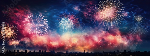 Bursting fireworks illuminate the night sky, forming a mesmerizing celebratory background. Generative AI