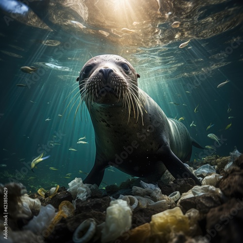 Sea lion and polluted ocean. Generative AI. © Анастасия Козырева
