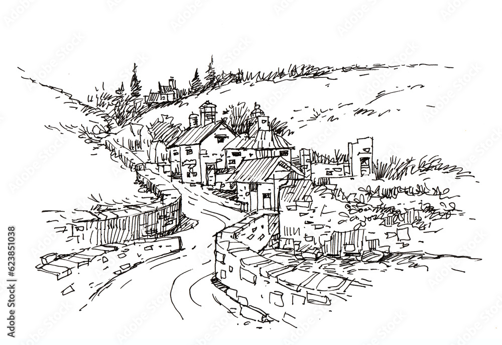 illustration of a village pen drawing for card illustration decoration