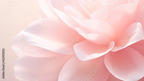 A breathtaking capture of a delicate pink camellia petal, highlighting its layered structure and soft texture, against a blurred and serene background, providing space for text. Generative AI.  © Dannchez