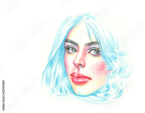 portrait of a blue hair woman colors pencil for card decoration illustration