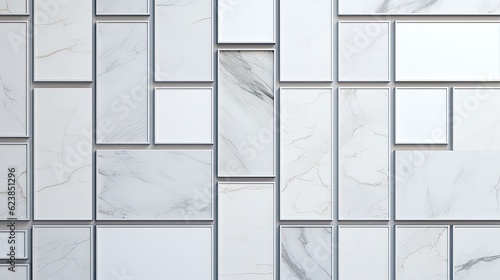 A minimalist composition of multiple small marble frames arranged in a grid-like pattern, offering a unique and sophisticated background for your promotional content. Generative AI.