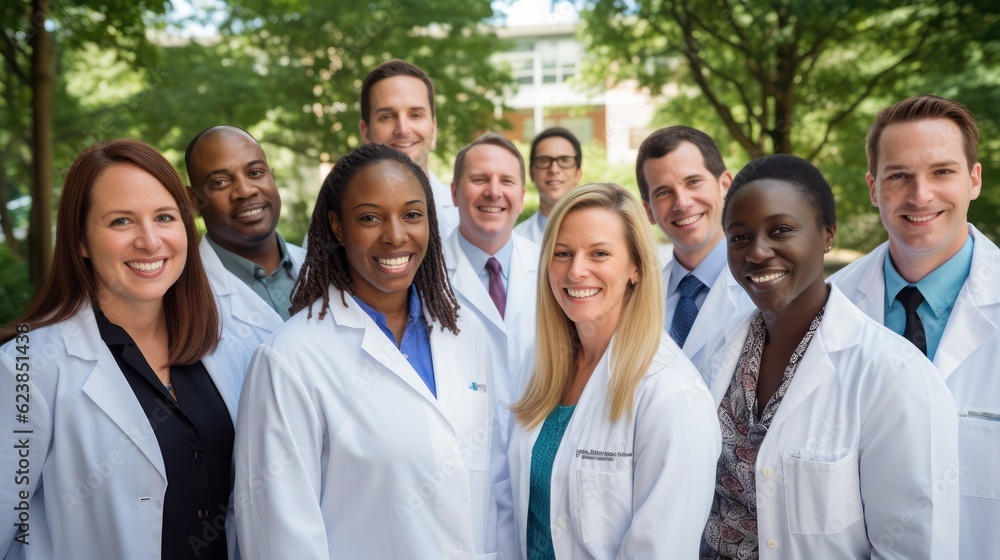 Fototapeta premium Leadership, teamwork and portrait doctors in hospital with support and success in healthcare. Health, help, and medicine, confident senior doctors happy medical employees smile together. Generative Ai