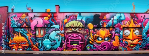 Layers of vibrant graffiti art intertwine, forming an urban street art background. Generative AI © Kanisorn
