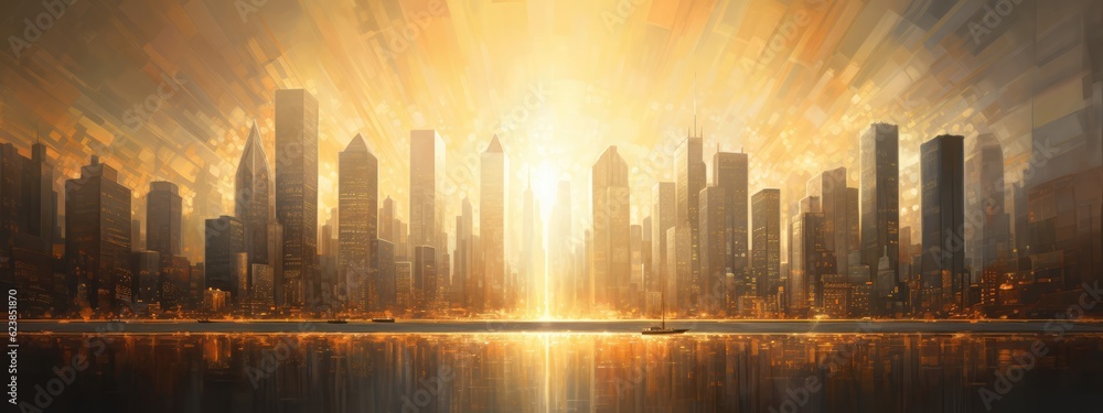 Rays of sunlight penetrate through towering skyscrapers, painting a striking urban cityscape background. Generative AI