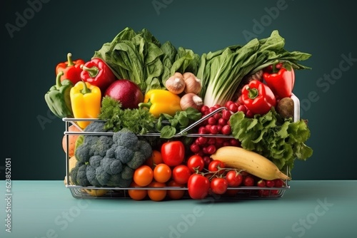 Supermarket cart full of fresh vegetables and fruits  healthy organic food concept.