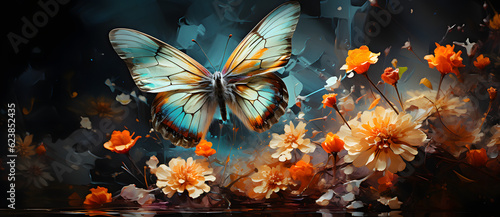 an orange butterfly flying over some yellow flowers Generated by AI © shirly