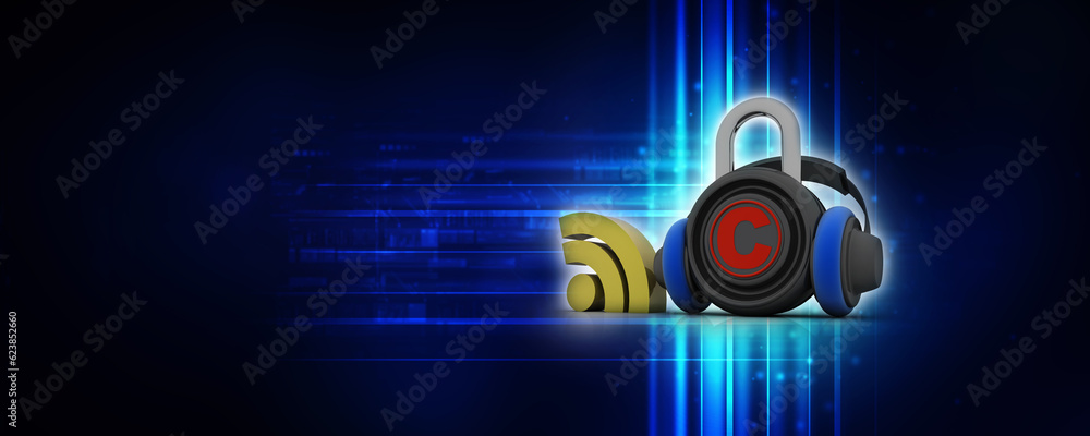 3d illustration WiFi symbol with copyright protection lock connected headphone