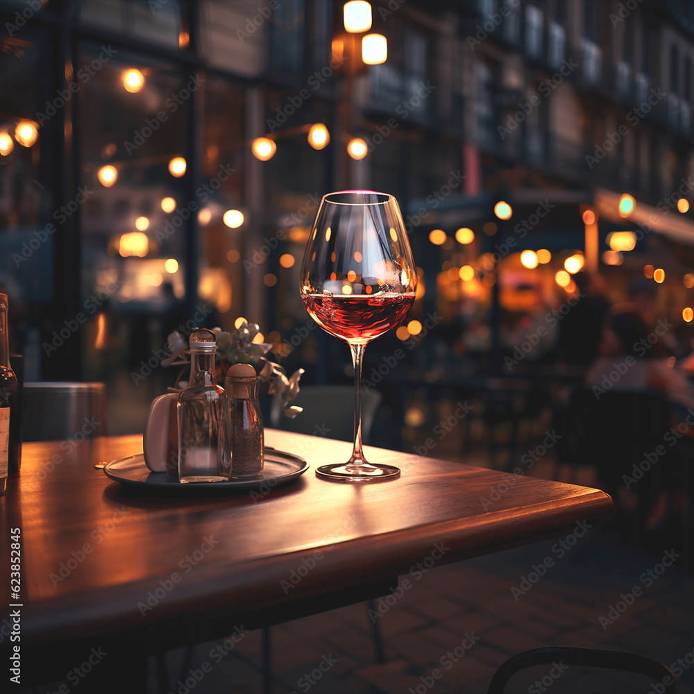 evening  street restaurant ,glass of red wine on table in street cafe at evening on city blurred car traffic light