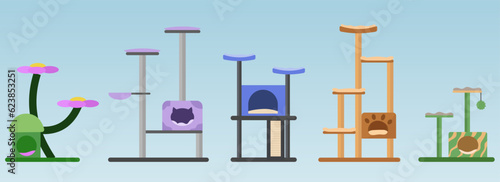 Cat tree with home. Furniture set for kittens, scratching board, set of cat tree vector illustration