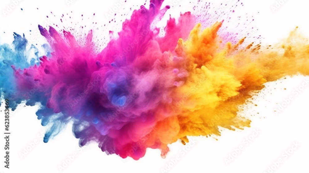 Explosion of colored powder on a white background, Generative AI.