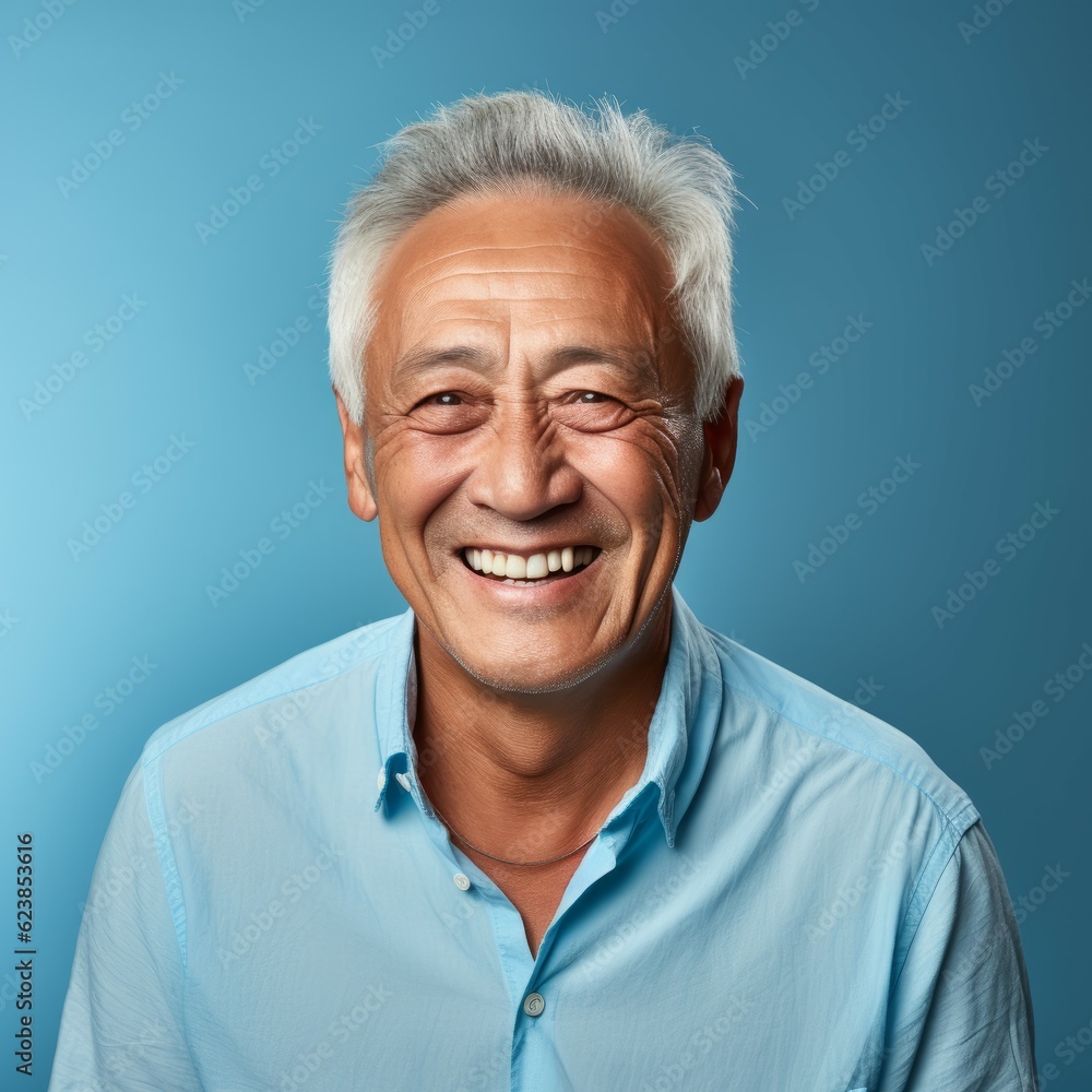 Portrait of a smiling senior Asian man with gray hair. Closeup face of a handsome Chinese old man smiling at camera on a blue background. Front view of a happy aged Japanese man in a blue shirt. Portrait of a smiling senior Asian man with gray hair. Closeup face of a handsome Chinese old man smiling at camera on a blue background. Front view of a happy aged Japanese man in a blue shirt.