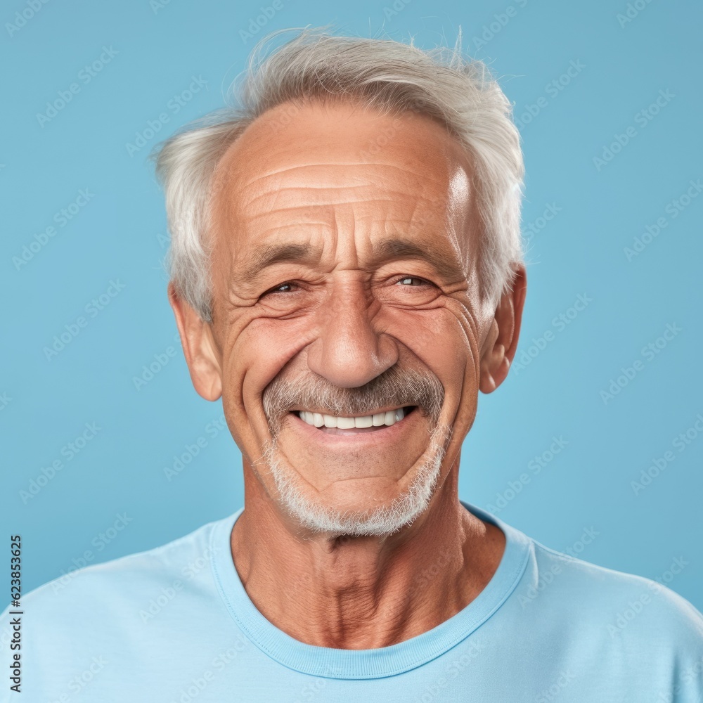 Portrait of a smiling senior man with gray hair. Closeup face of a handsome Caucasian old man smiling at camera on a blue background. Front view of a happy aged European man in blue shirt with a smile Portrait of a smiling senior man with gray hair. Closeup face of a handsome Caucasian old man smiling at camera on a blue background. Front view of a happy aged European man in blue shirt with a smile