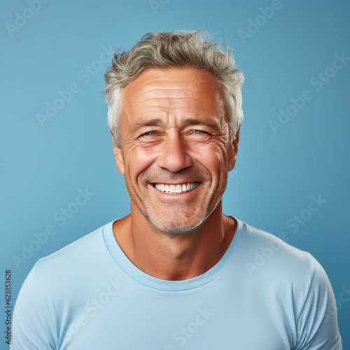 Portrait of a smiling senior man with gray hair. Closeup face of a handsome Caucasian old man smiling at camera on a blue background. Front view of a happy aged European man in blue shirt with a smile © Valua Vitaly