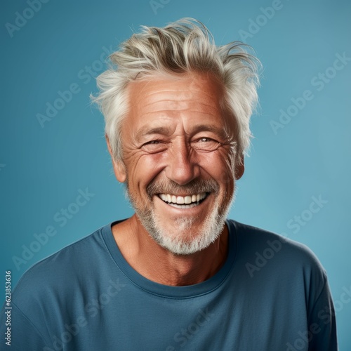 Portrait of a smiling senior man with gray hair. Closeup face of a handsome Caucasian old man smiling at camera on a blue background. Front view of a happy aged European man in blue shirt with a smile