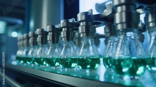 Medical vials on a production line in a pharmaceutical factory, Generative AI.