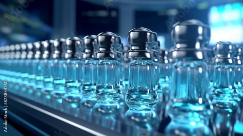 Medical vials moving along a production line at a pharmaceutical factory, Generative AI.