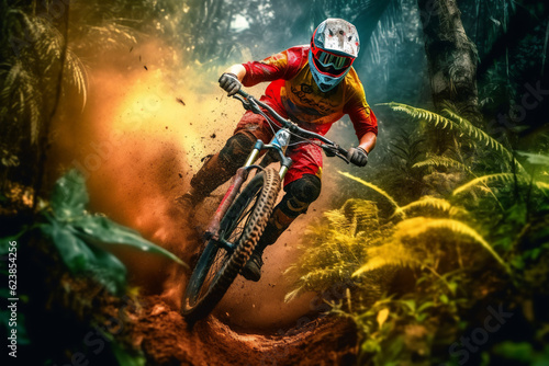 biker action in forest generative AI