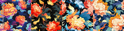 Artwork by Kazumasa Nagai depicting burning peonies and billowing smoke. Seamless pattern for various uses such as textiles, wallpaper and stationery. Unique and bright combination of floral elements photo