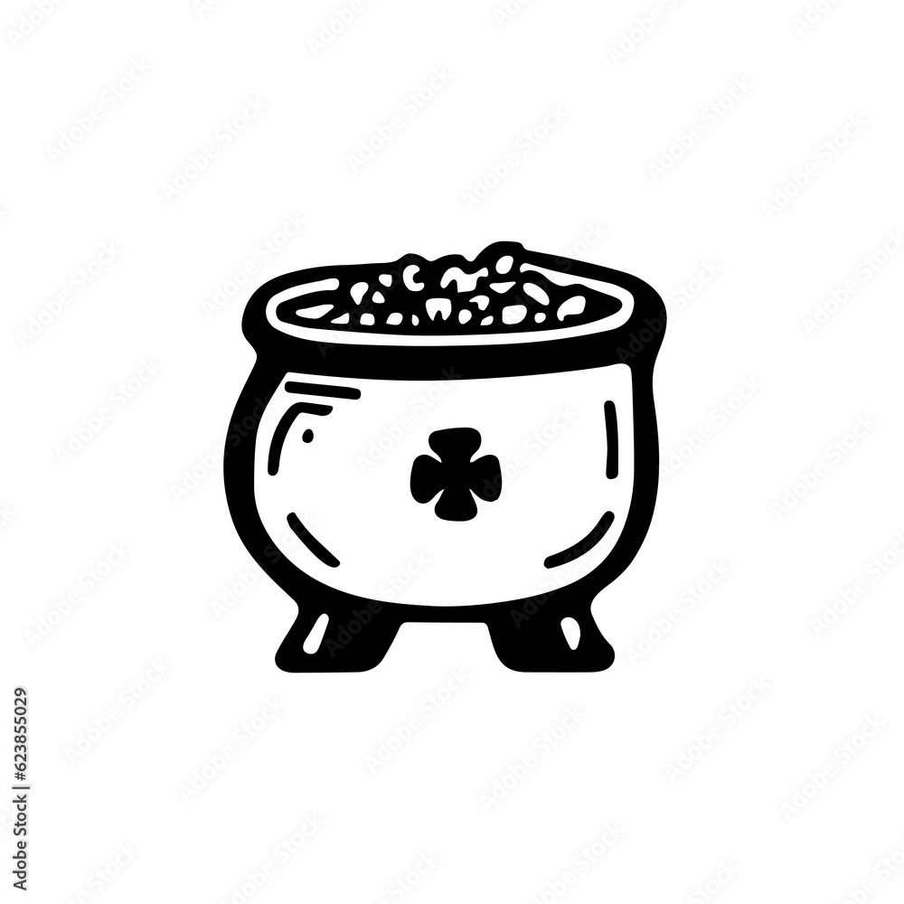Discover the whimsy of the Emerald Isle with this black and white doodle of a pot brimming with leprechaun gold. Follow the rainbow and embrace the luck of the Irish! Vector image Discover the whimsy of the Emerald Isle with this black and white doodle of a pot brimming with leprechaun gold. Follow the rainbow and embrace the luck of the Irish! Vector image