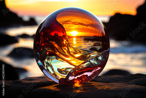 Beach made of glass with red turning sunset.  . Generative AI photos.