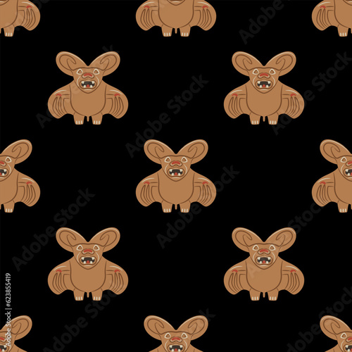 Seamless animal pattern with stylized bats. Ancient Peruvian Mochica art. Native American ethnic design of Moche Indians. On black background.