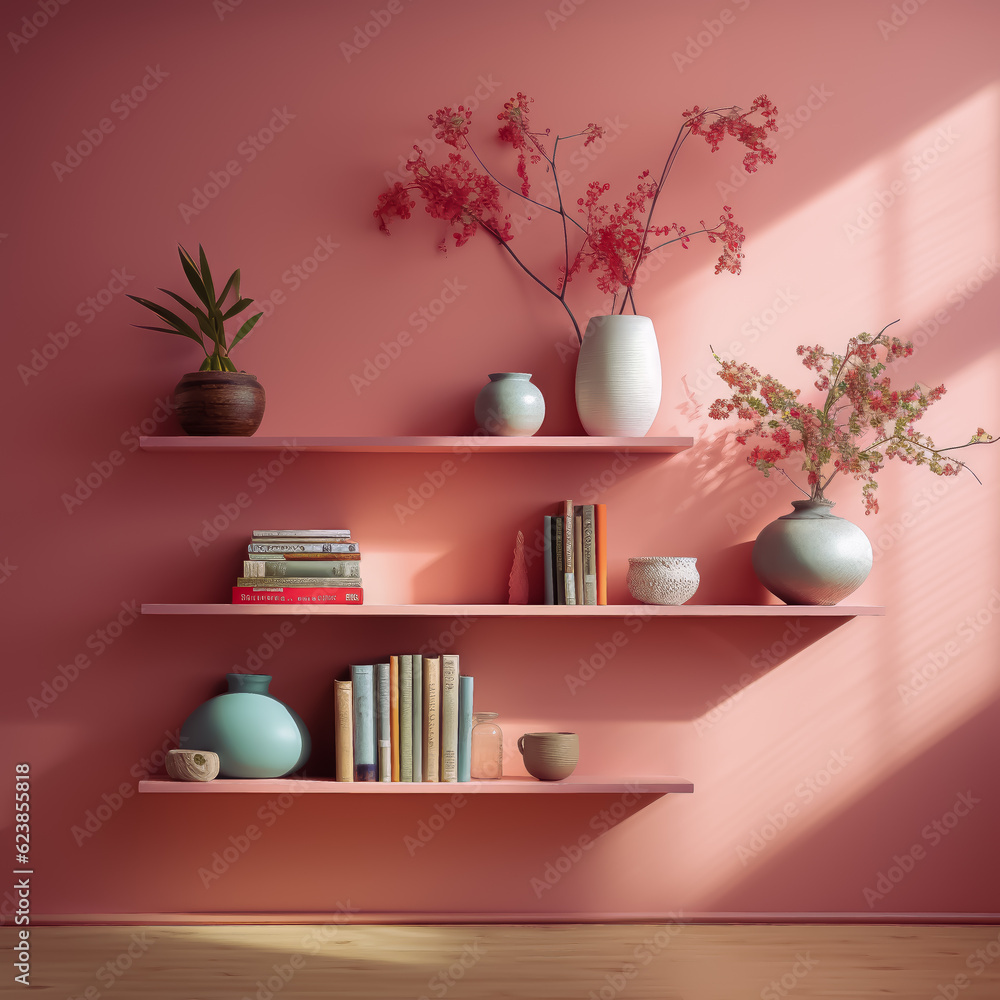 Three floating decorative wall shelves. Generative AI photos. Three floating decorative wall shelves. Generative AI photos.