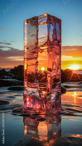 Beach made of glass with red turning sunset. . Generative AI photos.