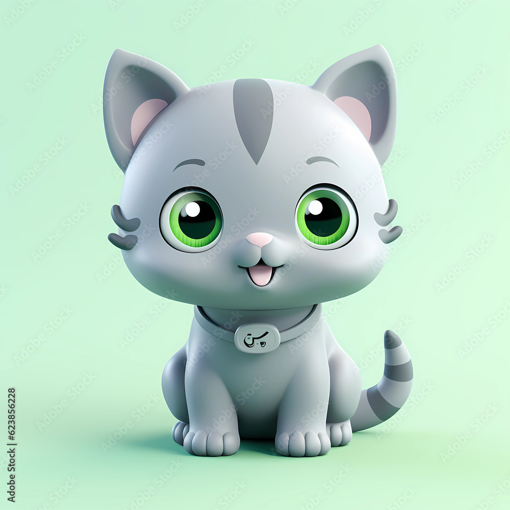 Cute Grey Cat baby illustration in minimalistic 3D cartoon style on solid light background. Generative AI