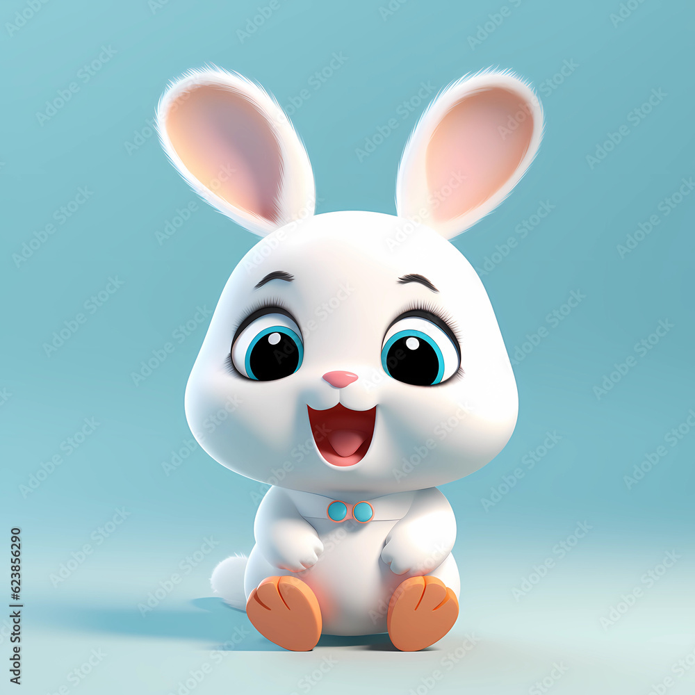 Cute Rabbit baby illustration in minimalistic 3D cartoon style on solid light background. Generative AI