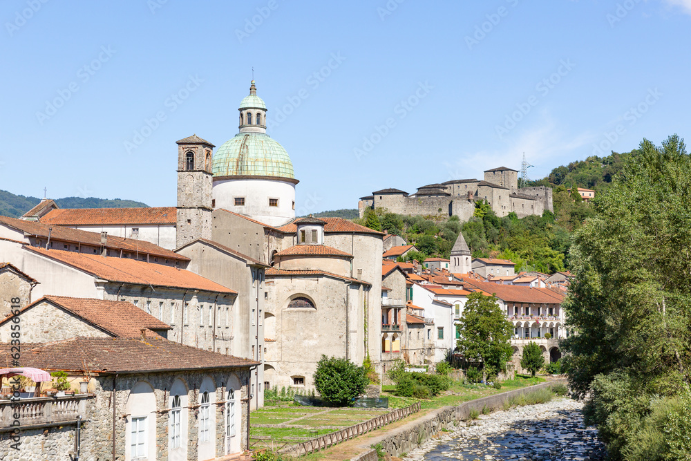 a view of Pontremoli city, the castle and the Magra river, Province of Massa and Carrara, Toscana, Italy