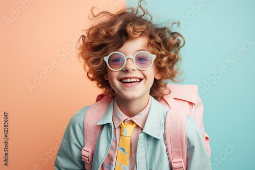 A young woman wearing cool eyewear and a pastel shirt smiles in the classroom, embracing the joy of education and a bright future