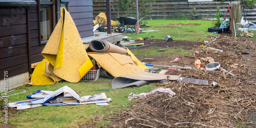 Obraz na płótnie Carpet removed from water damaged house. Cleaning up after flooding. Auckland. w salonie