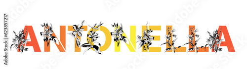 Woman's name Antonella. Font composition named ANTONELLA. Decorative floral font. Typography in the style of art nouveau, modern, vintage.
