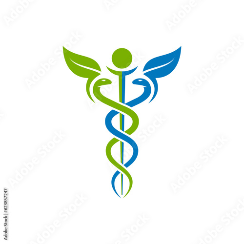 Leaf caduceus medical symbol, healthcare logo template