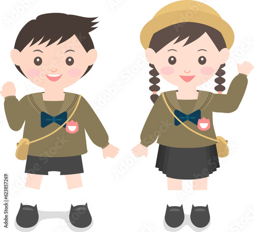 イラスト素材：幼稚園・保育園の制服姿の男の子と女の子のペア