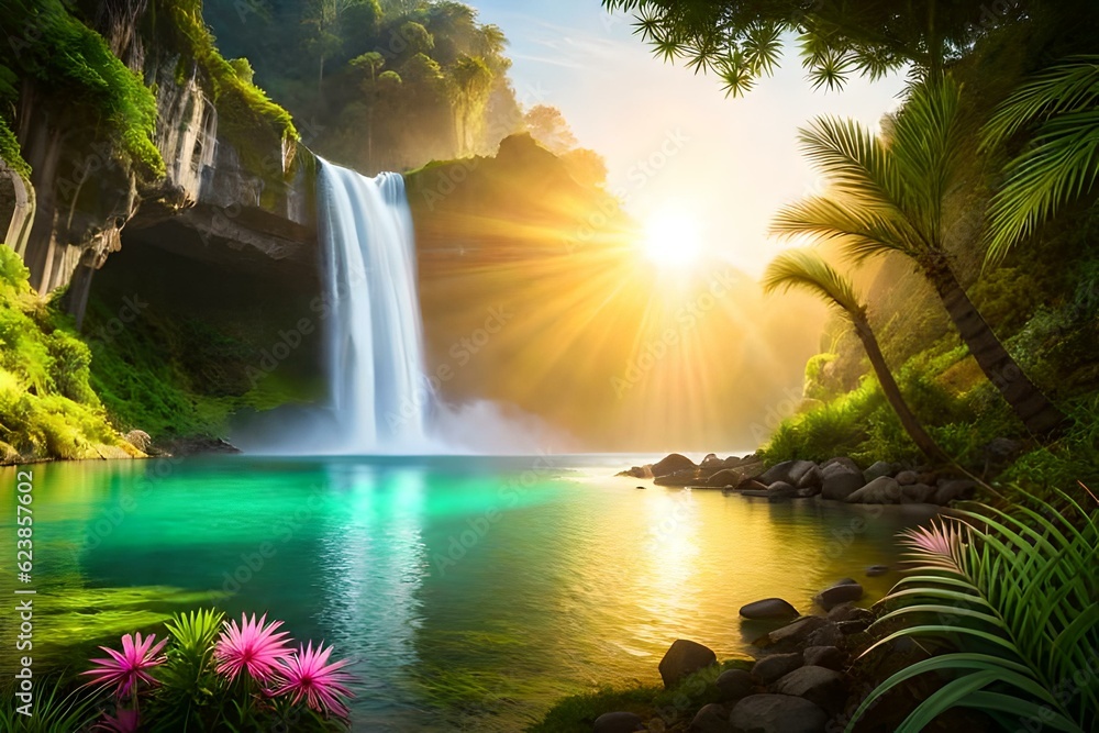 beautiful waterfall in the lake with beautiful sunrise-generated Ai