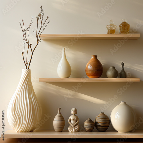 Three floating decorative wall shelves. Generative AI photos.