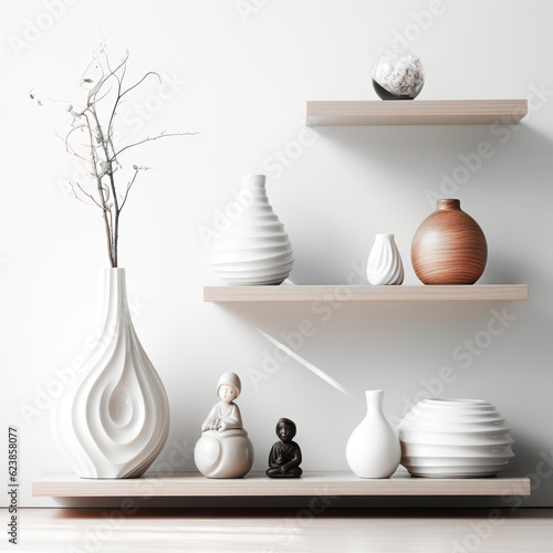 Three floating decorative wall shelves. Generative AI photos.